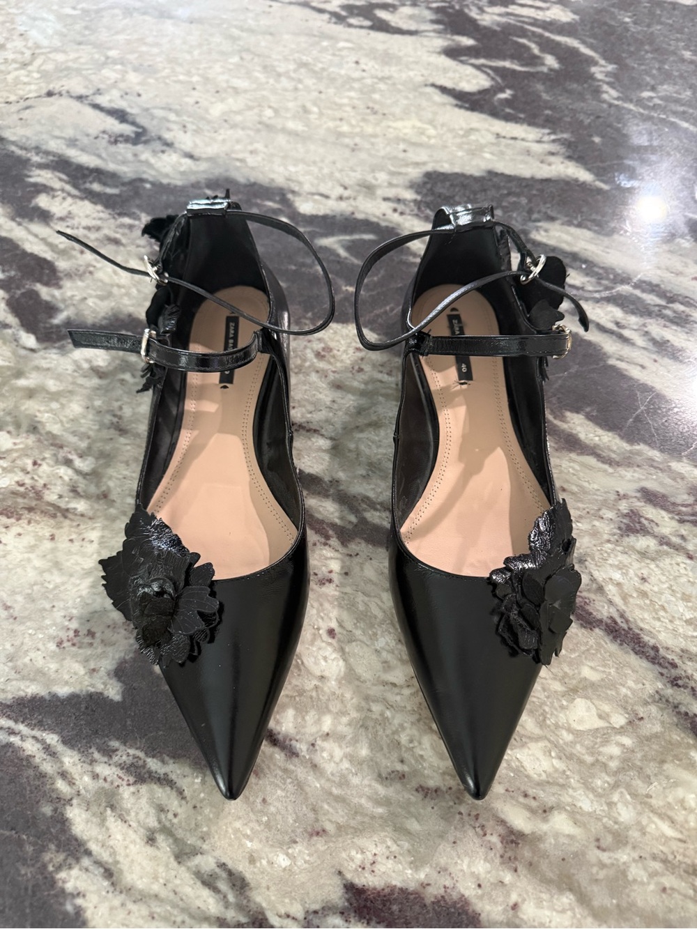 Zara Black Pointed-Toe Ankle-Strap Flats with Floral Appliqué